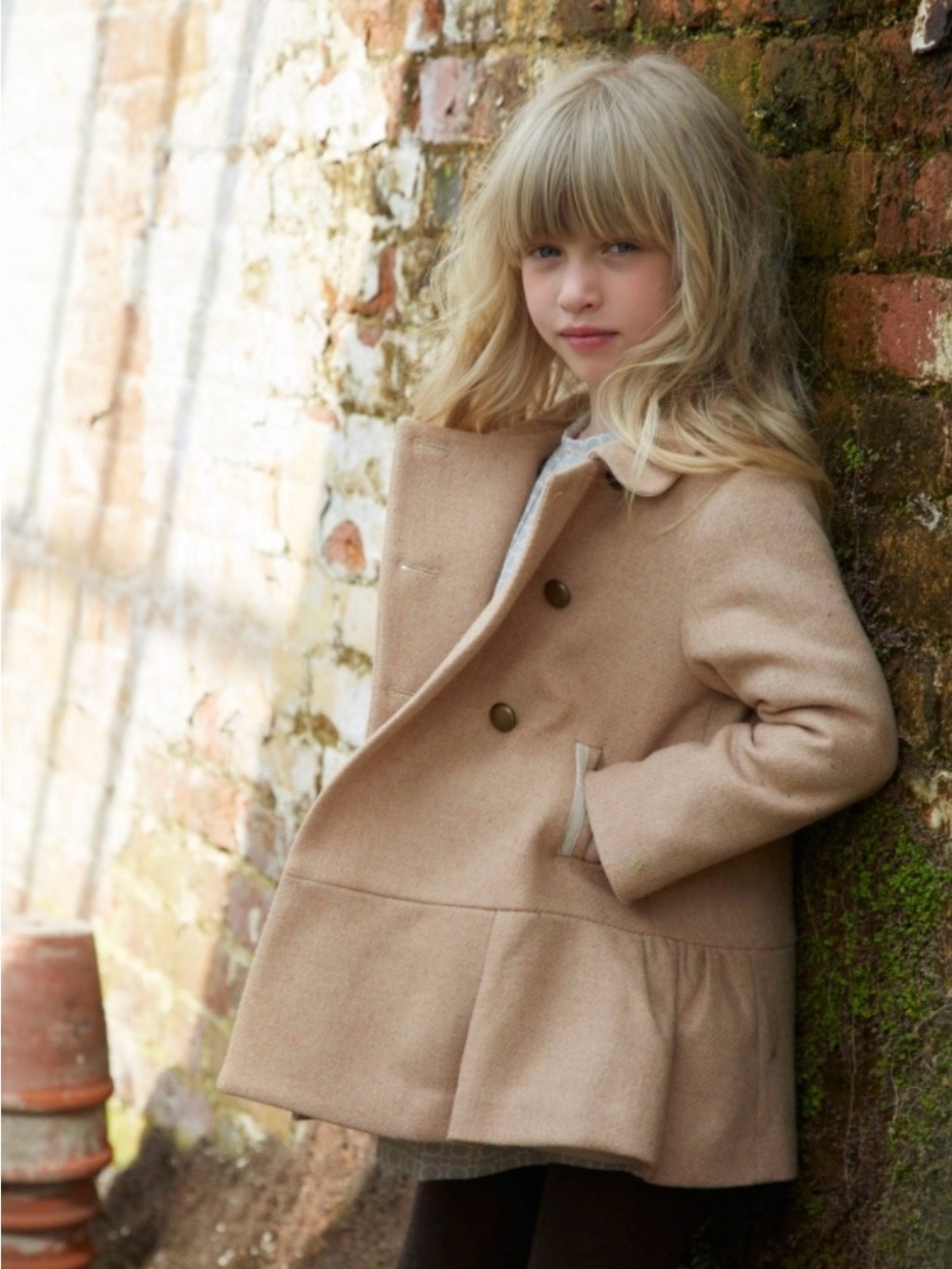 Marie Chantal Girls Double Breasted Wool Coat, Beige/Tan, 6Y